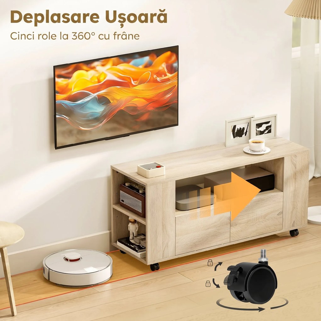 HOMCOM Suport pentru TV de 42" cu Roți Pivotante și Frână, Rafturi Ajustabile și Sertare, 102x34.5x48.5 cm, Lemn | Aosom Romania