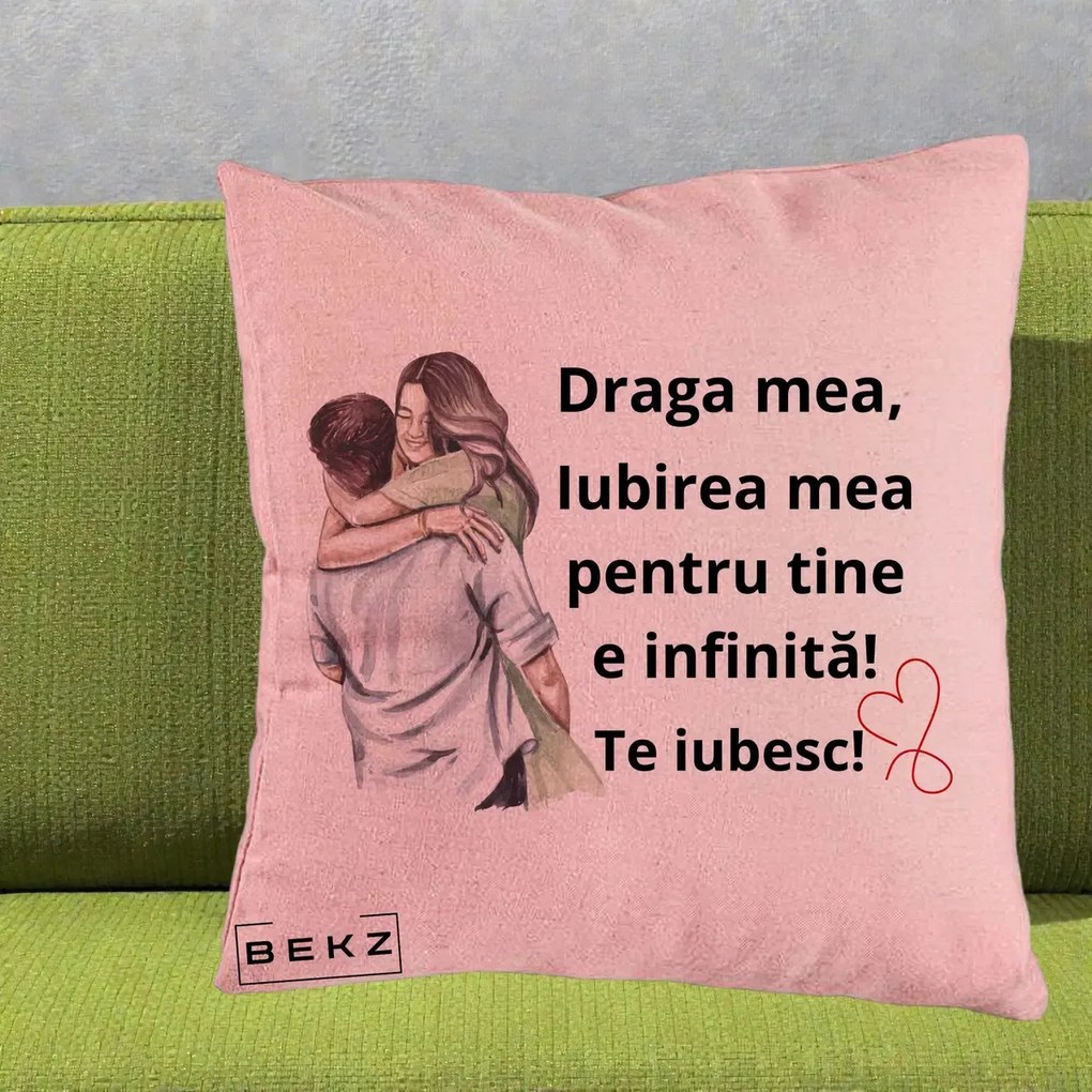 Cadou pentru Iubita - Perna Personalizata Draga Mea Iubirea Mea Infinita Te Iubesc cu Cuplu Acuarela, 40x40 cm, Roz, Husa Detasabila, Perna Inclusa, BEKZ®
