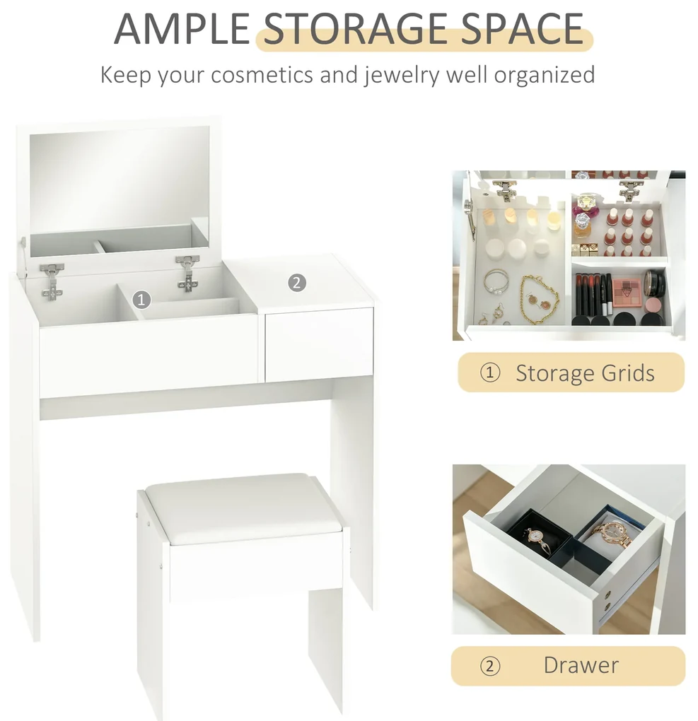 HOMCOM Set Mobilier pentru Toaletă cu Oglindă, Taburet și Sertar, Design Elegant, Masa Consola Alb | Aosom Romania