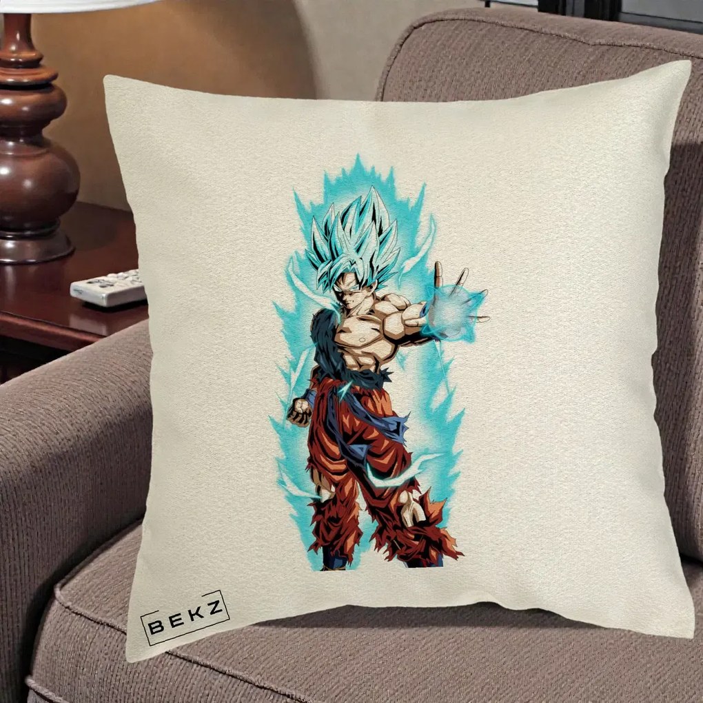 Perna Personalizata Dragon Ball Goku Ultra Instinct Blue, 40x40 cm, Ecru, Husa Detasabila, Perna Inclusa, BEKZ®