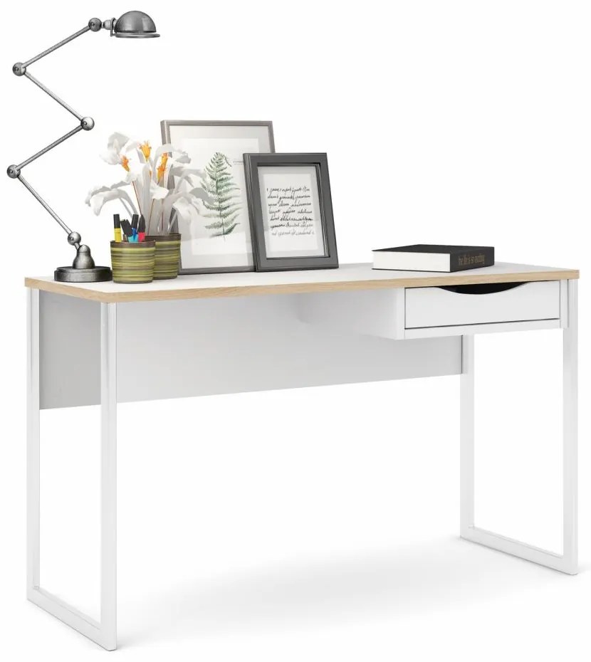 Birou alb EFREM PLUS 512 cu 1 sertar si blat cu decor stejar