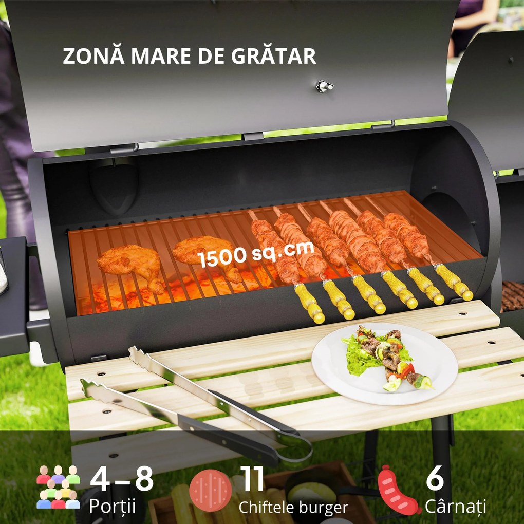 Outsunny Gratar de gradina cu capac si afumator, gratar pe carbune cu rafturi si roti 124x53x104cm, negru | AOSOM RO