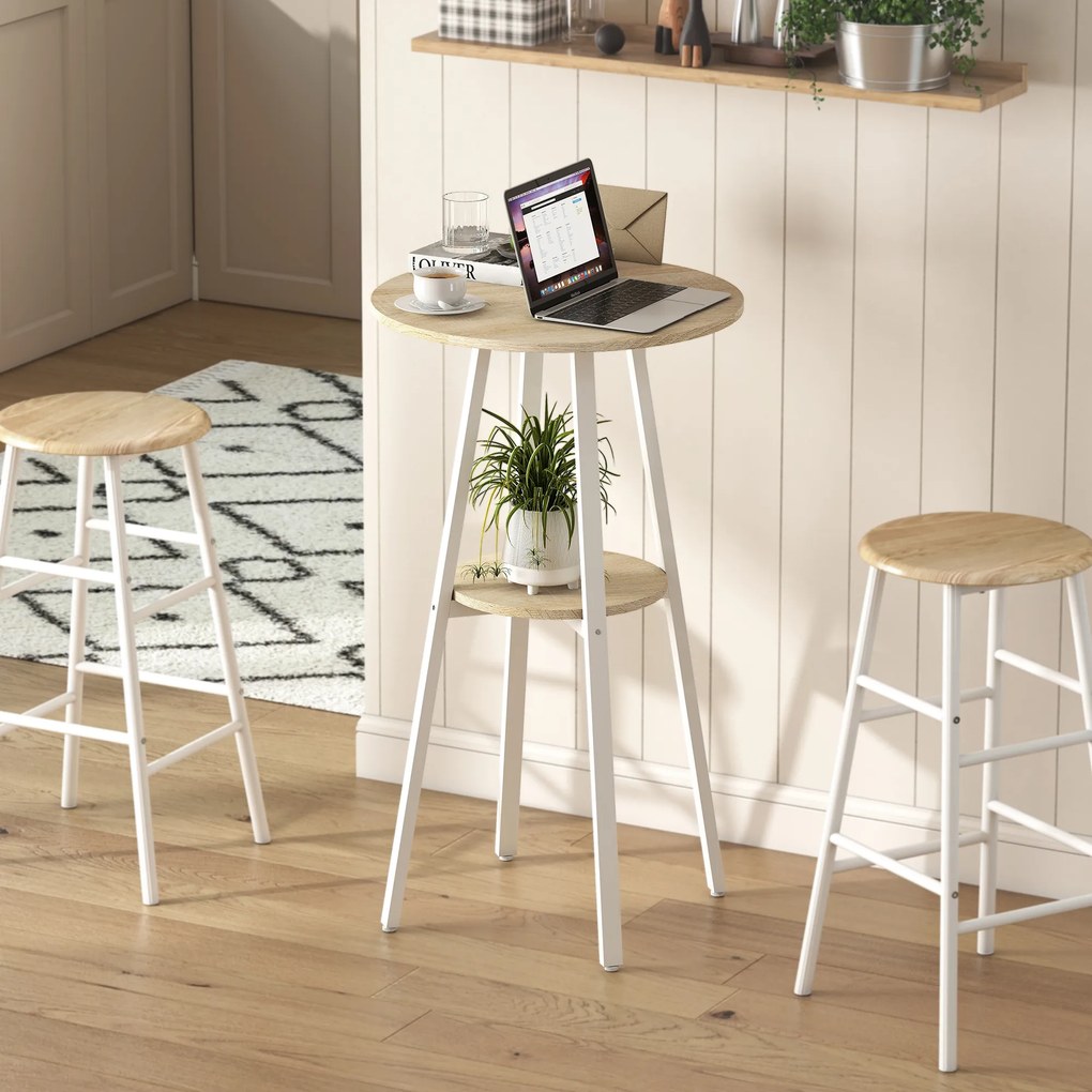 HOMCOM Masă Înaltă Rotundă cu Raft, Masă Modernă pentru Bucătărie sau Dining, PAL, Metal, Lemn Natural și Alb | Aosom Romania