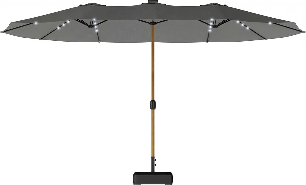Outsunny Umbrelă dublă de grădină 4,6x2,6 m cu 48 LED-uri, bază inclusă, manivelă, saci de nisip, protecție UV, gri deschis | Aosom Romania