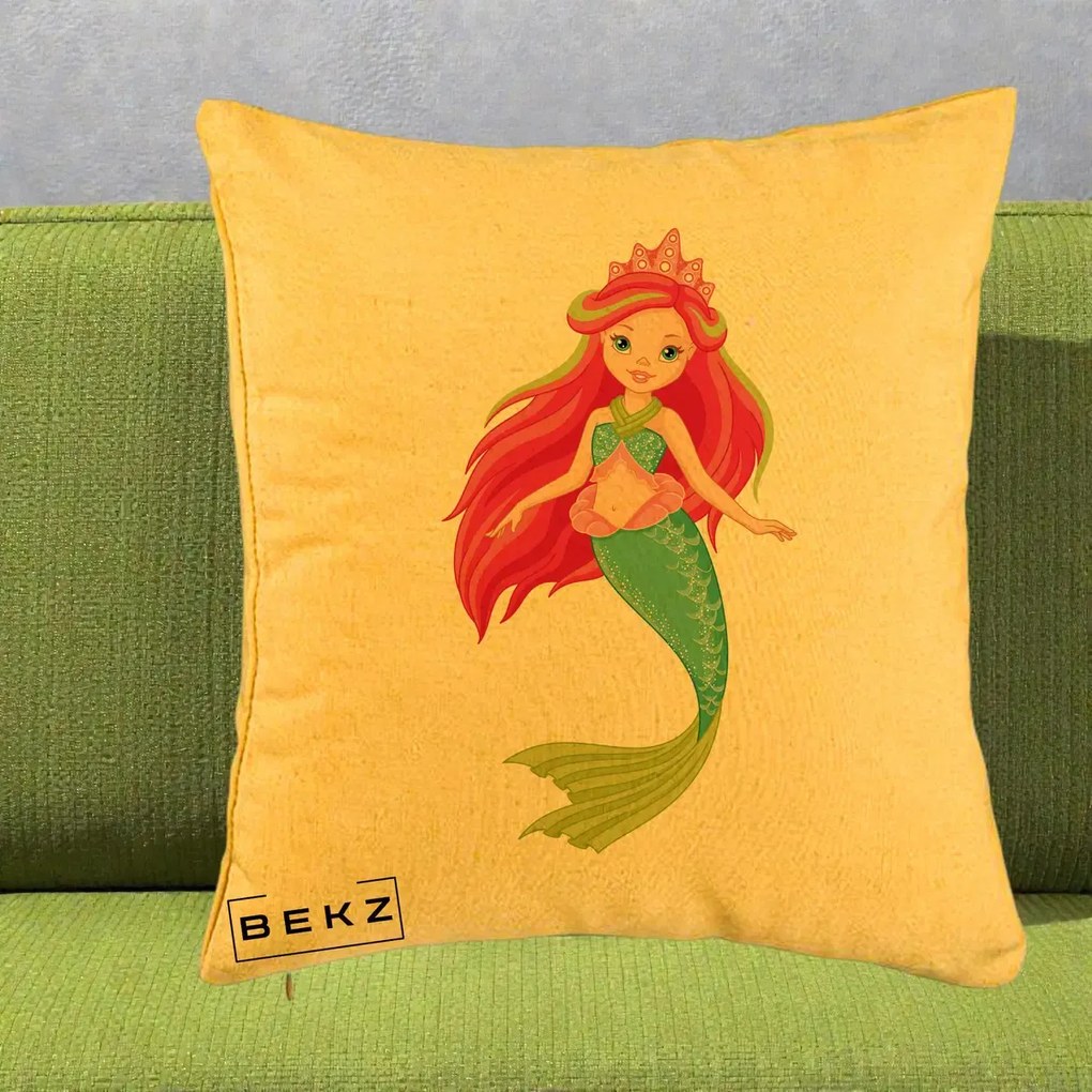 Perna Decorativa Sirena Roz cu Coroana, 40x40 cm, Galben, Husa Detasabila, Perna Inclusa, BEKZ®