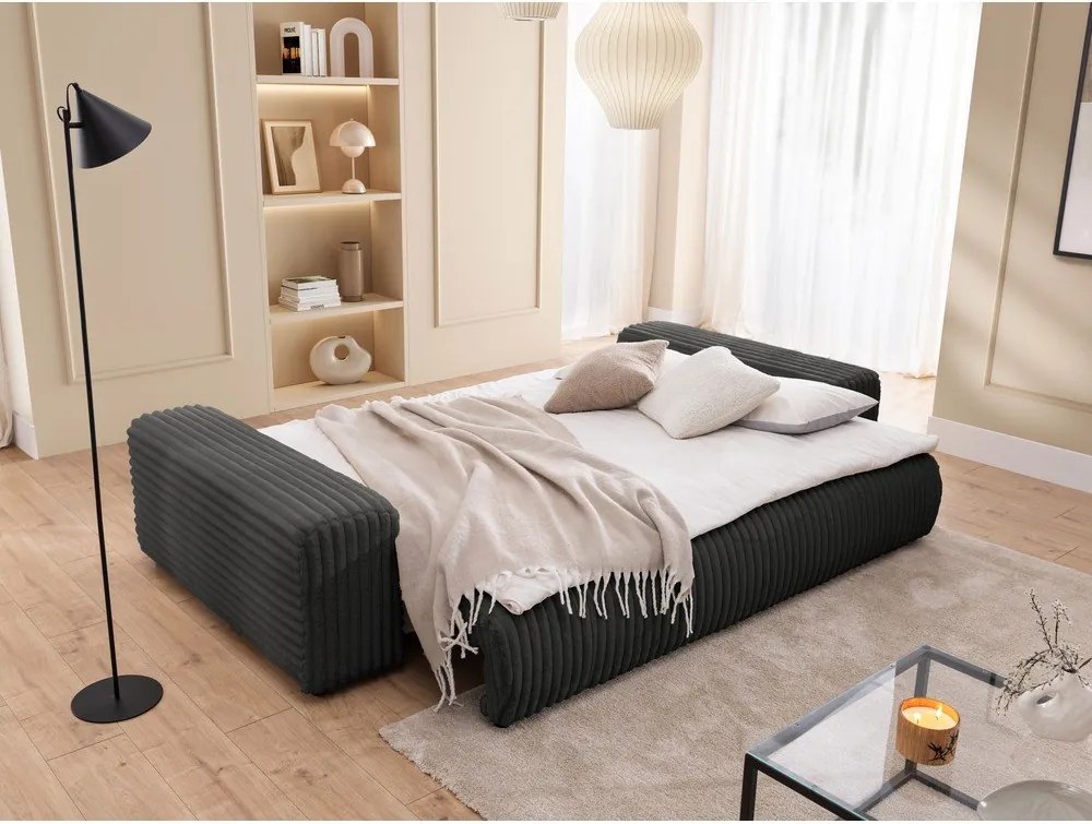 Canapea gri închis extensibilă/cu spațiu de depozitare cu tapițerie din catifea reiată 260 cm Justin – Ropez