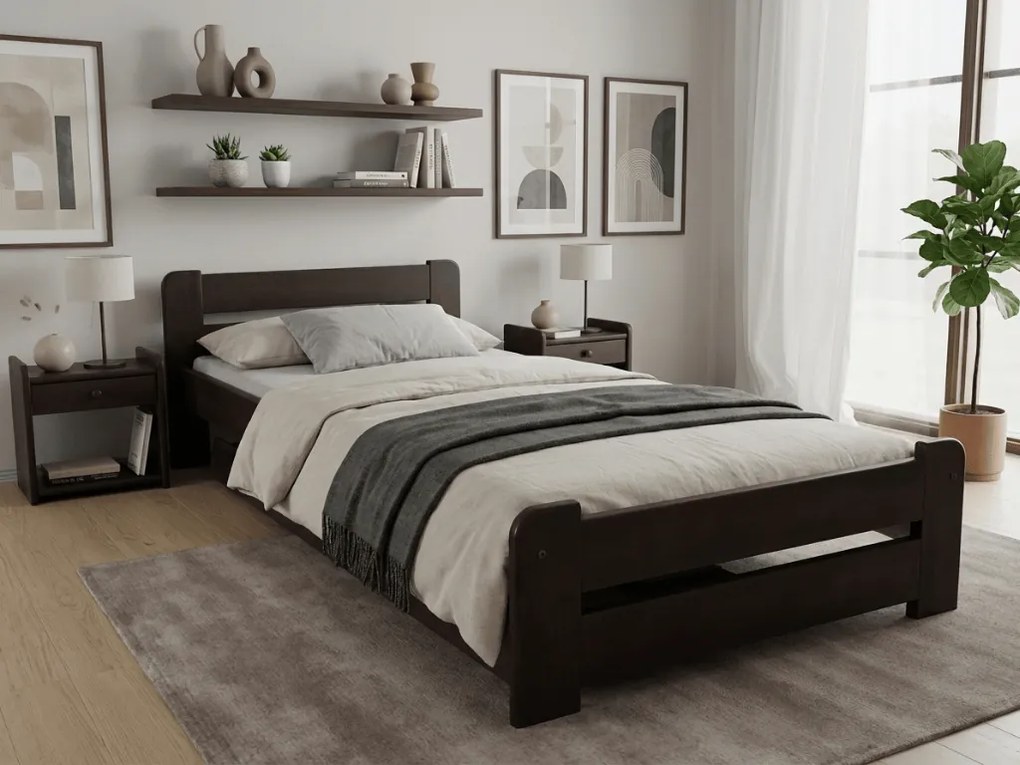 Pat de o persoana Laura 90x200 cm, nuc Saltele: Cu saltele Deluxe 10 cm, Somiera pat: Cu lamele drepte