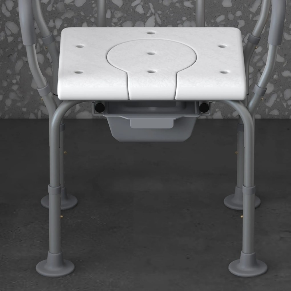 HOMCOM Scaun Baie cu Spătar și Brațe, Toaletă cu Înălțime Reglabilă, Scaun Toaletă cu Plăcuță de Picior, 53,5x46x70-82,5 cm, Alb | Aosom Romania