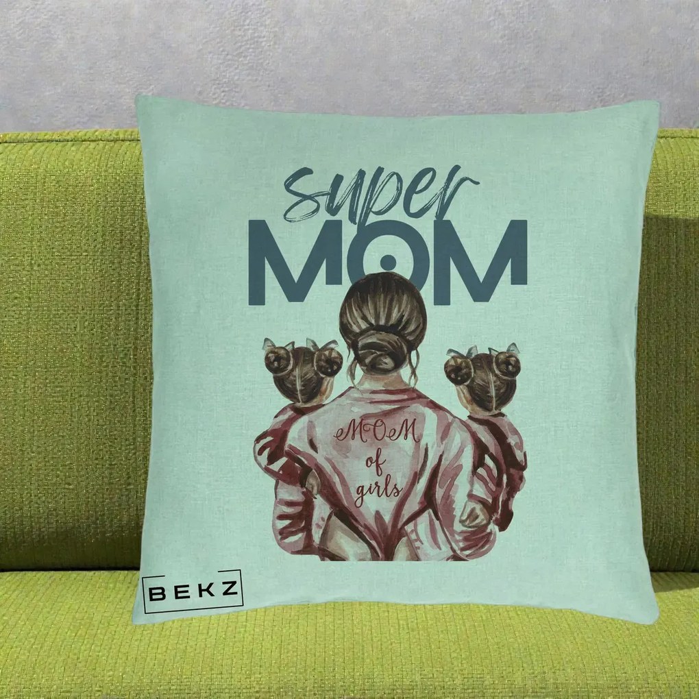Cadou pentru Mama - Perna Personalizata Super Mom of Girls Mama cu Gemene, 40x40 cm, Verde Menta, Husa Detasabila, Perna Inclusa, BEKZ®