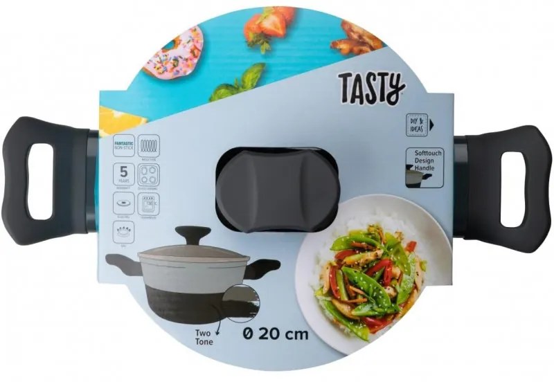 Oala cu capac de sticla Tasty 678536, 20 cm, 2.5 l, Manere moi, Aluminiu, Acoperire antiaderenta, Gri