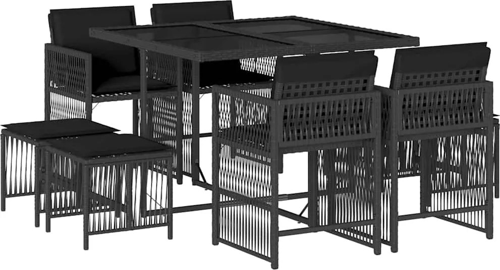 vidaXL Set mobilier de grădină cu perne, 9 piese, negru, poliratan