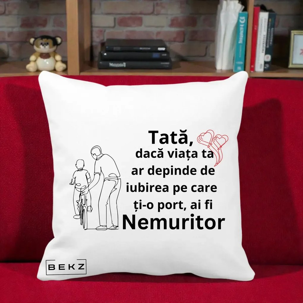 Cadou pentru Tata - Perna Personalizata Tata Nemuritor Bicicleta, 40x40 cm, Alba Mata, Husa Detasabila, Perna Inclusa, BEKZ®