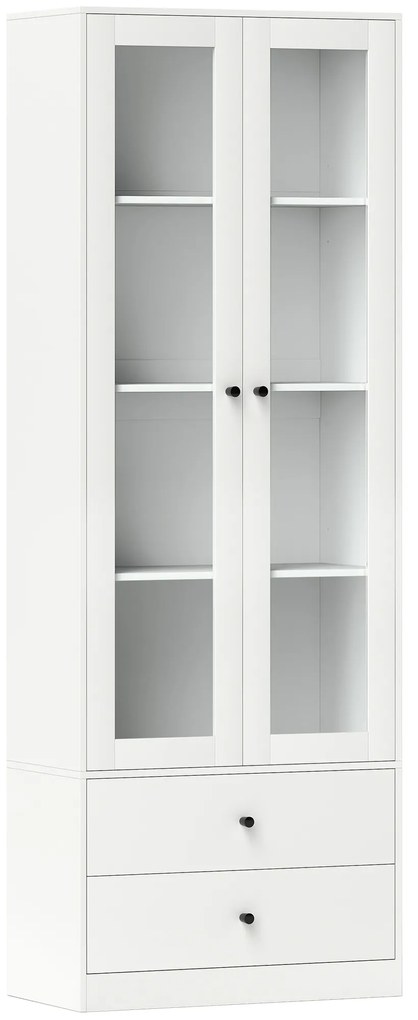 HOMCOM Mobilier de depozitare modern cu dulap cu uși din sticlă, rafturi reglabile și 2 sertare, 59 x 30 x 164 cm, alb | Aosom Romania