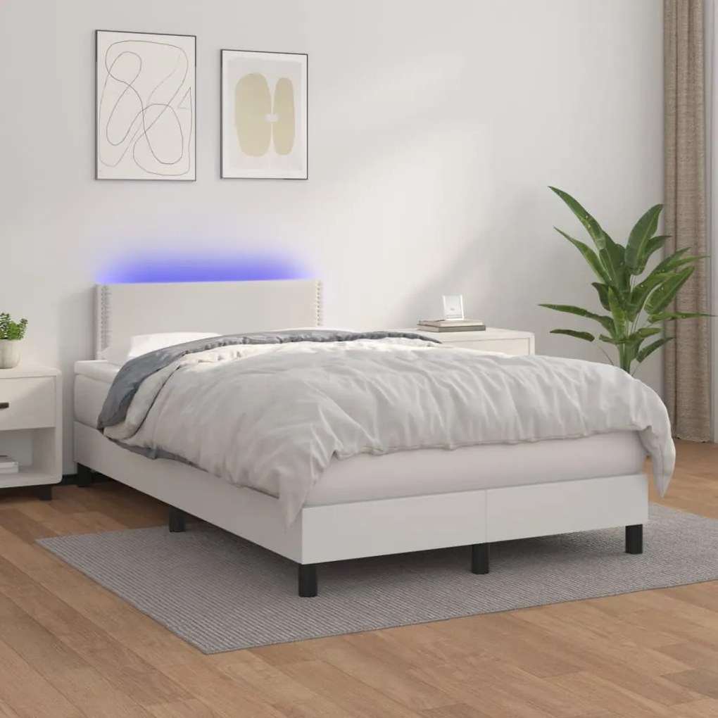 vidaXL Pat cu arcuri, saltea și LED, alb, 120x200 cm, piele ecologică