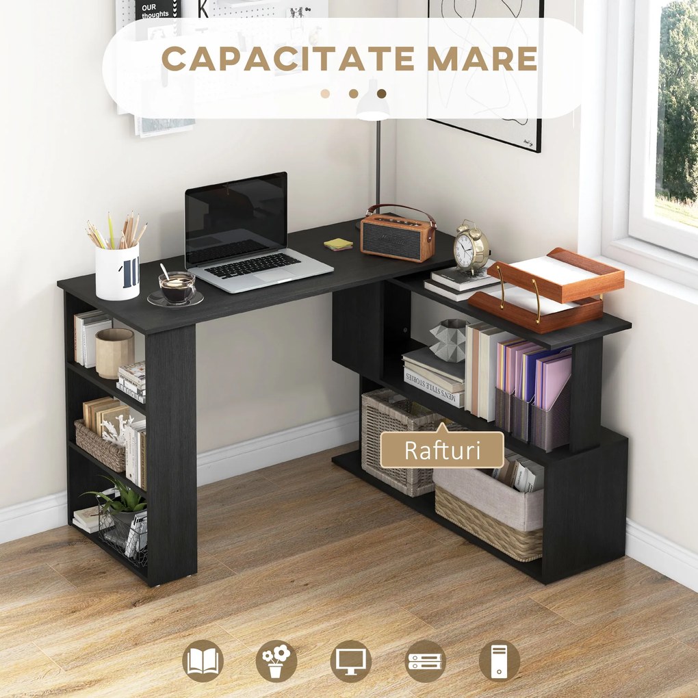 HOMCOM Birou pentru Calculator de Colț cu Design Rotativ în Formă de L și 5 Rafturi, 120x110x74.5 cm, Negru | Aosom Romania