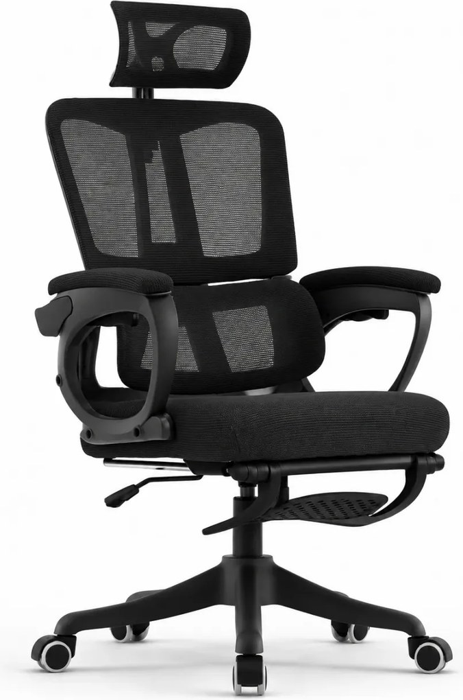 Scaun ergonomic cu suport lombar, tetieră reglabilă, suport pentru picioare, pivotant, Mesh, Negru