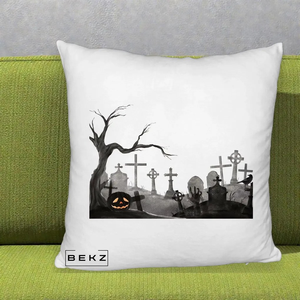 Perna Decorativa Halloween Cimitir Acuarela cu Dovleac, 40x40 cm, Alb Pufos, Husa Detasabila, Perna Inclusa, BEKZ®