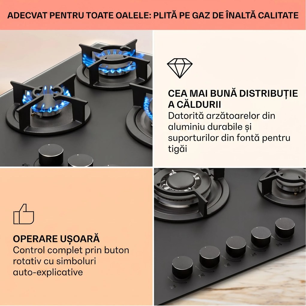 Klarstein Firetale, plită cu gaz, 5 arzătoare, 70 cm, arzătoare din aluminiu, inclusiv furtun și reductor de presiune