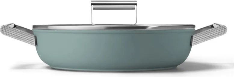 Oală puțin adâncă cu capac Smeg DPF2812EGM, 28 cm, 4,3 l, acoperire ceramică antiaderentă, potrivită pentru cuptor până la 250 °C, fără PFAS, compatibilă cu plitele cu inducție, verde smarald