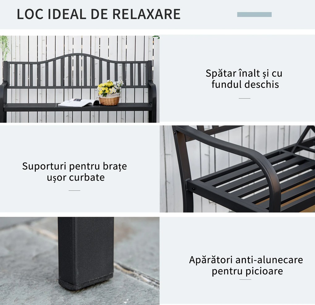 Bancă de Grădină Outsunny din Metal cu Măsuță Centrală Retractabilă, Bancă Loveseat pentru Terasă cu Șezut și Spătar cu Șipci, pentru 2–3 Persoane, Neagră | Aosom Romania