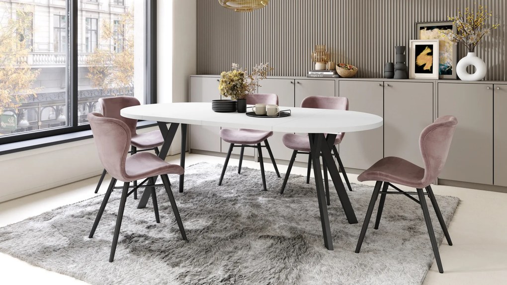 Mazzoni ALMO Alb Mat/picioare negre - MASĂ ROTUNDĂ EXTENSIBILĂ CU PICIOARE ÎN FORMĂ DE Y STIL LOFT PENTRU SALON/SUFRAGERIE