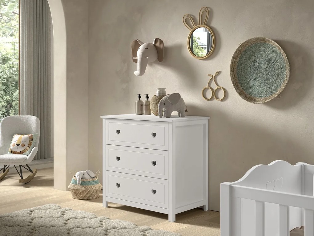 Comodă AMORI pentru Copii, Alb (Pin Masiv și MDF), Design Romantic – Vipack