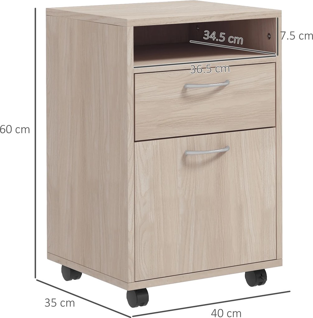 HOMCOM Dulap de Birou cu 4 Roți, Raft Deschis, 2 Sertare, Mobilier de Birou din Lemn și Metal, 40x35x60 cm, Lemn Natural | Aosom Romania