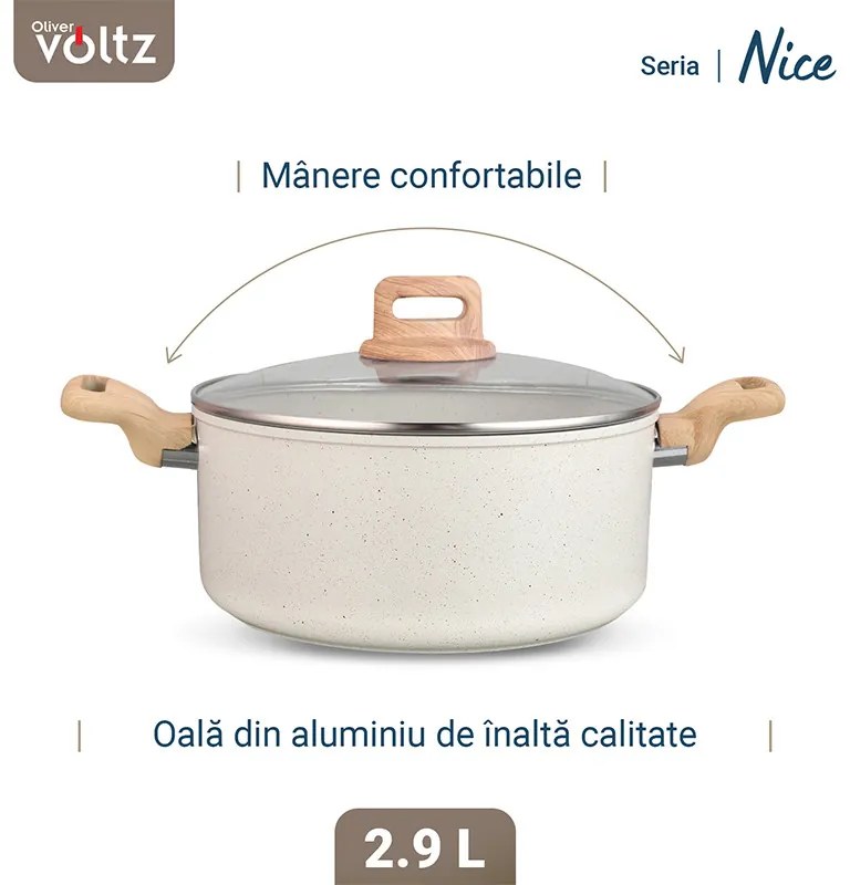 Oala cu capac Voltz Nice OV54418E20, 20x9.5 cm, 2.9 l, Finisaj marmură, Inductie, Cream melange