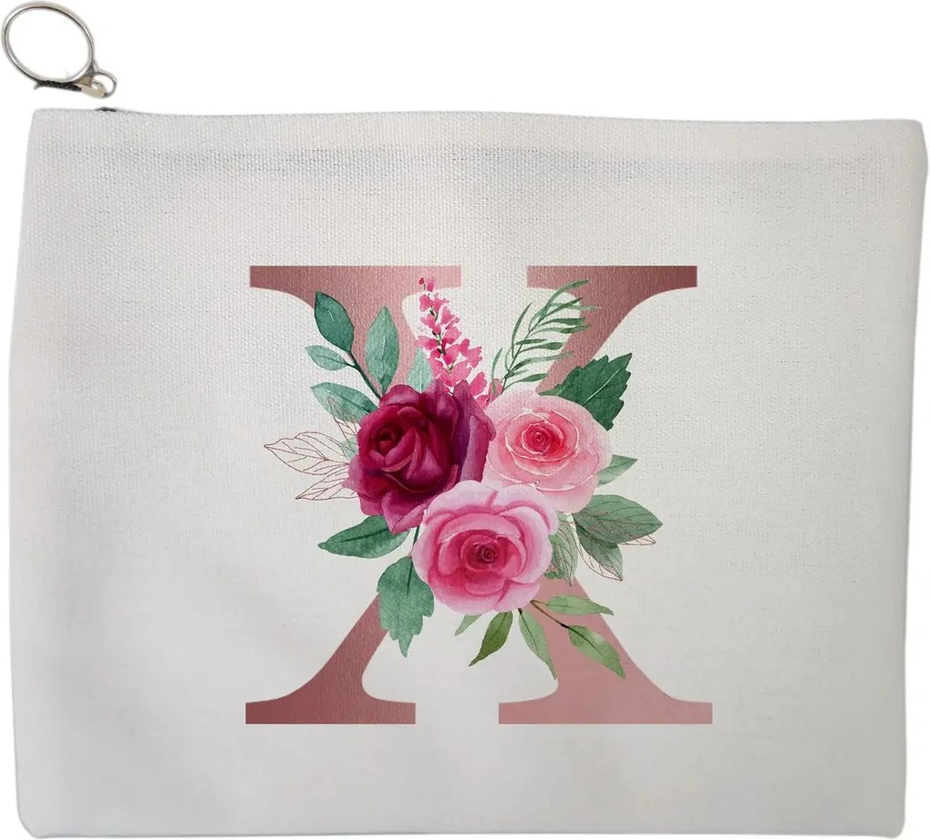 Portfard Cosmetice tip Plic, Cu litera X Rose Gold si Trandafiri, 23x18 cm, Alb, BEKZ®