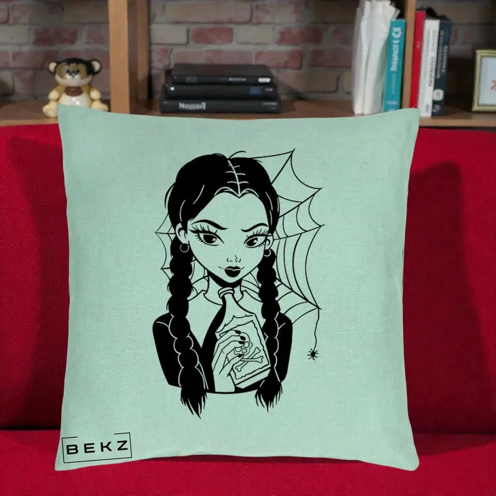 Perna Personalizata Wednesday cu Panza de Paianjen, 40x40 cm, Verde Menta, Husa Detasabila, Perna Inclusa, BEKZ®
