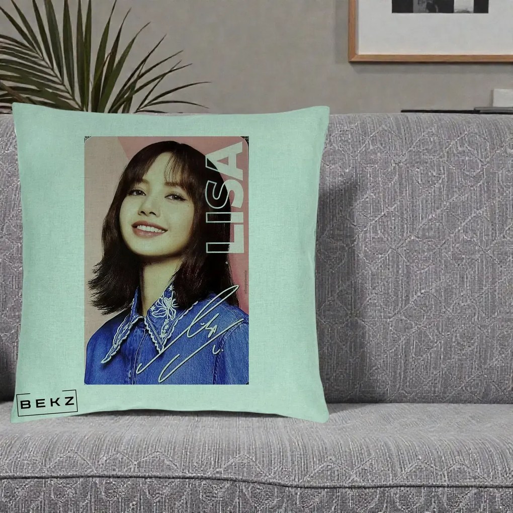 Perna Personalizata K-pop BLACKPINK Lisa cu Semnatura, 40x40 cm, Verde Menta, Husa Detasabila, Perna Inclusa, BEKZ®