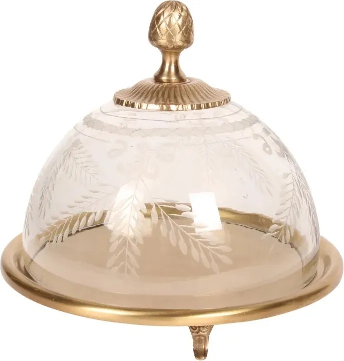Platou pentru tort din alamă, auriu, cu cupolă din sticlă gravată manual, pe picioare, aspect vintage, finisaj antichizat, 19 x 23 cm, „Chantilly”