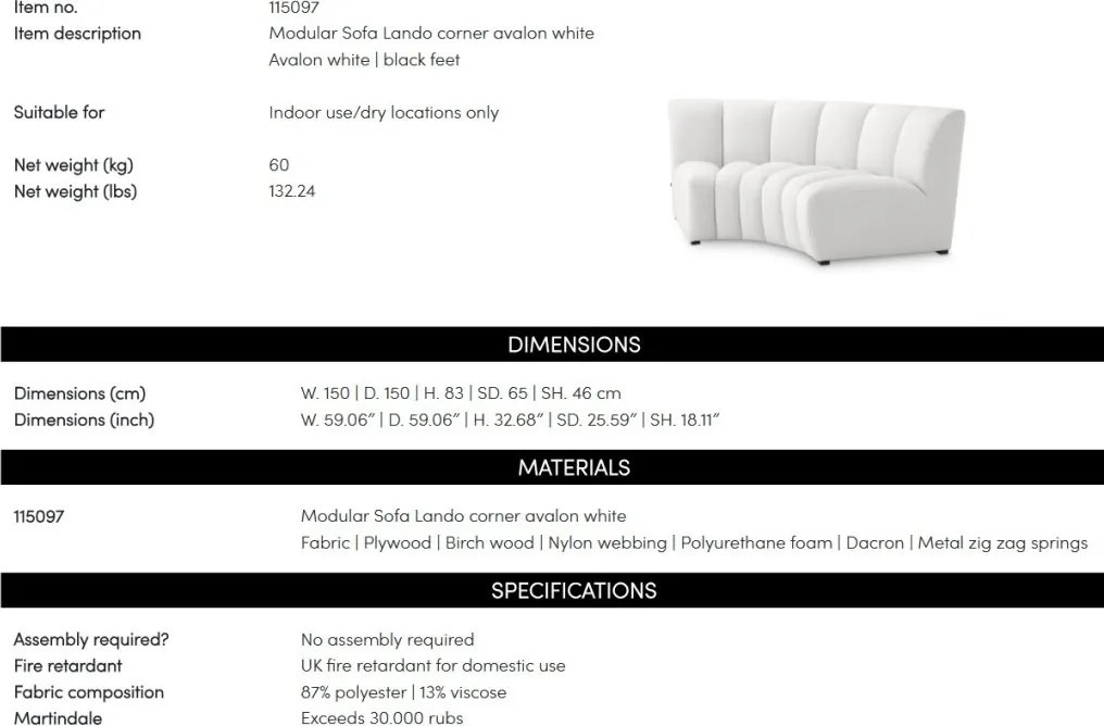 Modul canapea design LUX Lando corner, Avalon white