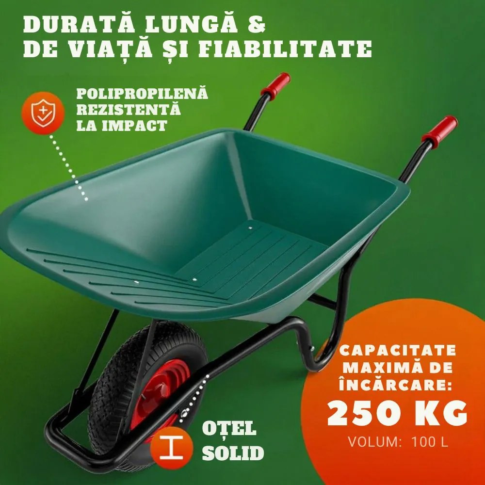 Roabă GREG cu cuvă din plastic, max. 100l/250kg, verde/negru Gardebruk