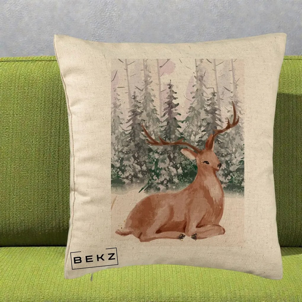 Perna Decorativa Ren in Padure Roz Moale, 40x40 cm, Bej, Husa Detasabila, Perna Inclusa, BEKZ®