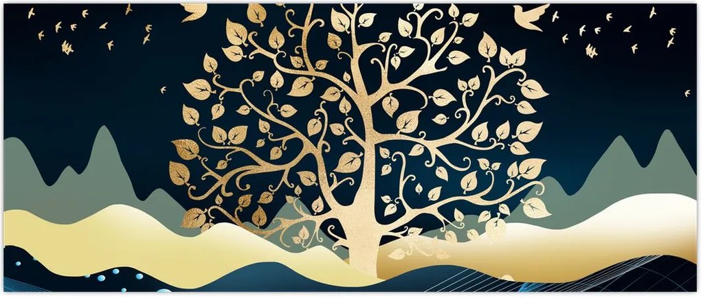 Tablou cu copac auriu (120x50 cm)