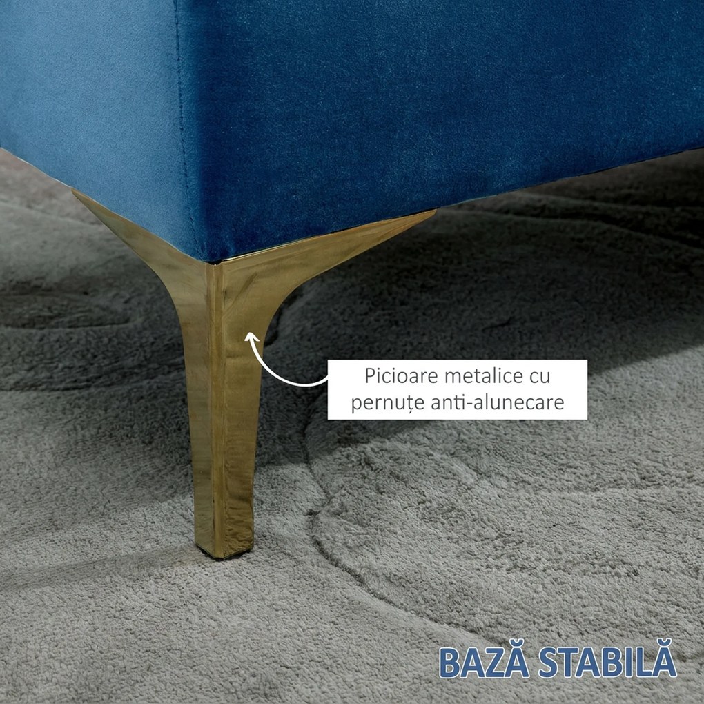 HOMCOM Bancă Hol, Bancă la Capătul Patului din Catifea Albastru Închis, Design Modern cu Picioare Metalice Aurii, 118x45x42cm | Aosom Romania