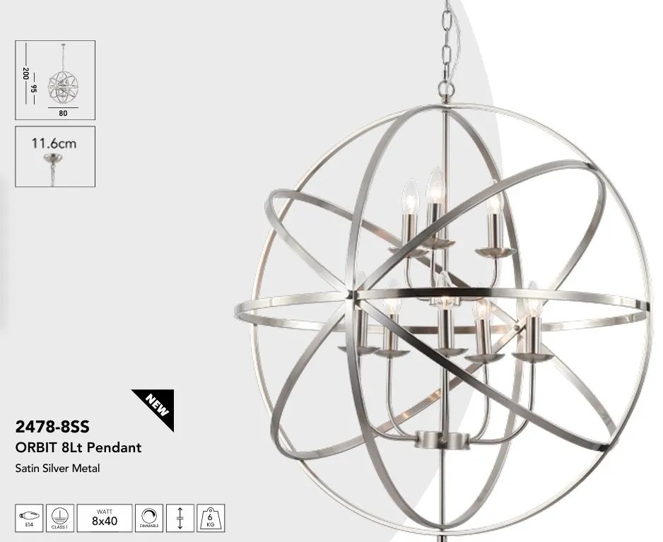 Lustra suspendata stil traditional Orbit 8Lt, argintiu satinat