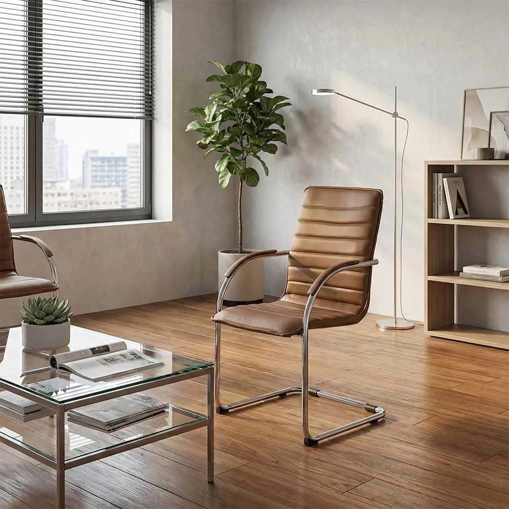 Scaun pentru așteptare maro OFF 835 din piele ecologică și cadru metalic cromat cu brațe