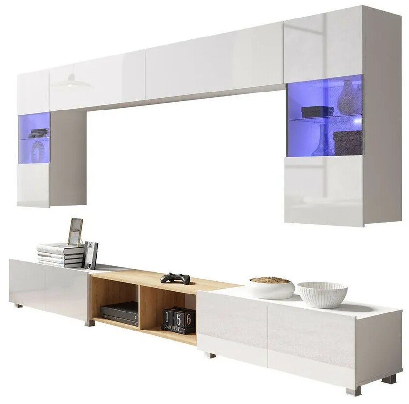 Camera de zi Providence B142Alb lucios, Alb, Stejar auriu, Cu componente suplimentare, Părți separate, Cu comodă tv, PAL laminat, Sticlă, 300x43cm, 118 kg