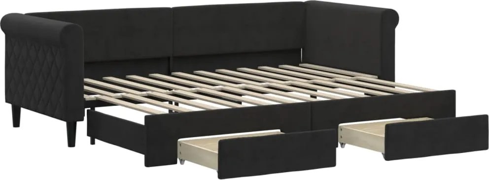 vidaXL Pat de zi cu extensie și sertare, negru, 80x200 cm, catifea