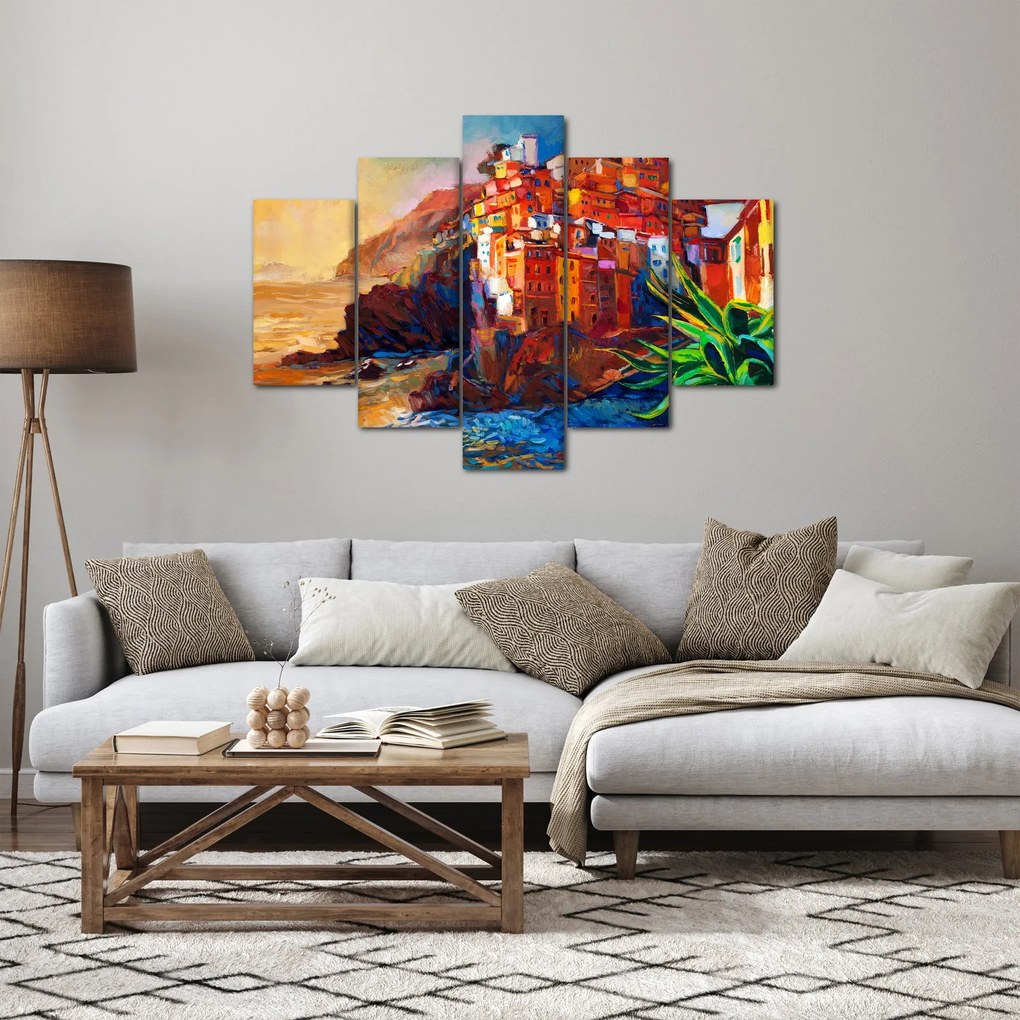 Tablou - Satul de coastă Cinque Terre, Riviera italiană, impresionismul modern (150x105 cm)