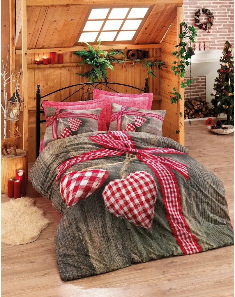 Set lenjerie pat dublu LOVEBOX, bumbac, rosu/gri, 240x260 cm, cu cearc