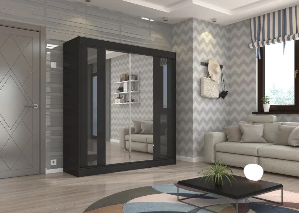 Dulap cu usi glisante si oglinda 200x215 cm, Keita, ADRK Furniture (Culoare: Negru / Alb / Negru Lacobel)