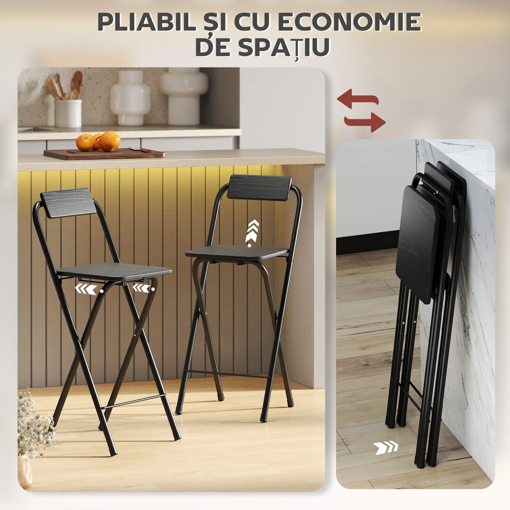 HOMCOM Set 2 Scaune de Bucătărie Pliabile cu Suport pentru Picioare din MDF și Oțel Negru | Aosom Romania