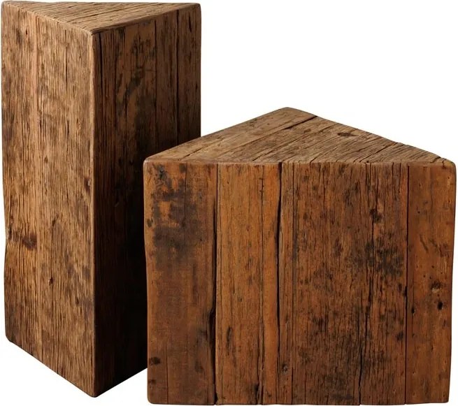 Set 2 măsuțe laterale triunghiulare din lemn reciclat, natur, cu aspect rustic, 60 x 34 x 35 cm, „Triangle”