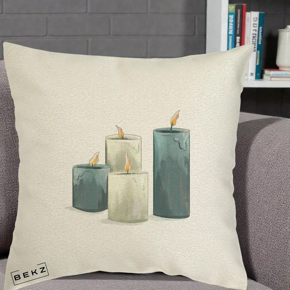 Perna Decorativa Lumanari Hygge Alb-Verde, 40x40 cm, Ecru, Husa Detasabila, Perna Inclusa, BEKZ®