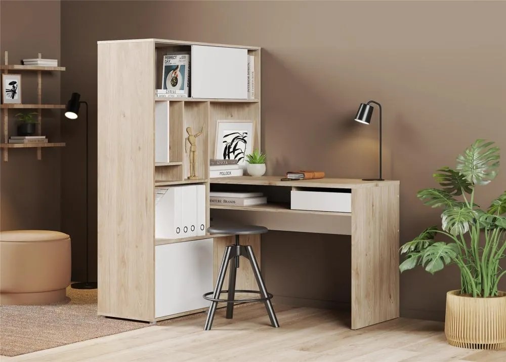 Birou de colt cu biblioteca in decor de stejar Jackson Hickory, EFREM PLUS