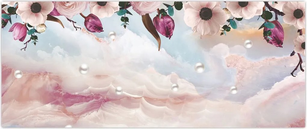 Tablou - Flori roz și marmură roz (120x50 cm)