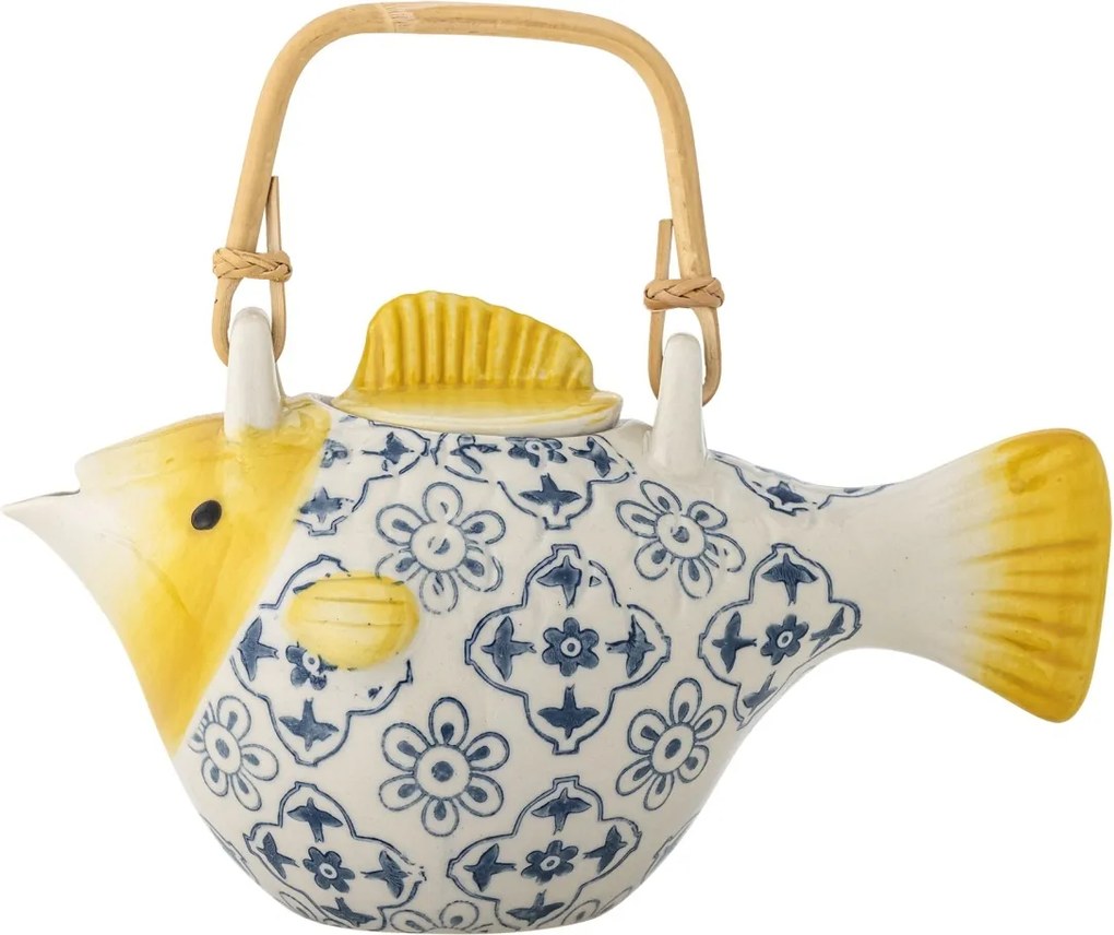 Ceainic din ceramică albă în formă de pește cu model floral albastru decorat manual, 800 ml, 24×13,5×13 cm, „Wrenna"